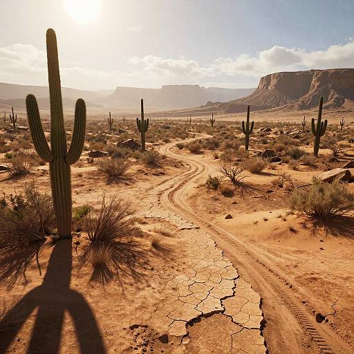 Sunlit desert landscape with cracked, parched earth, winding dirt trail, tall cacti, and distant rocky mountains under a partly cloudy sky.