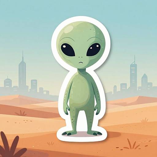 Cartoon alien with large black eyes, green skin, standing in desert, white outline, blue sky, city skyline in background. Digital illustration.