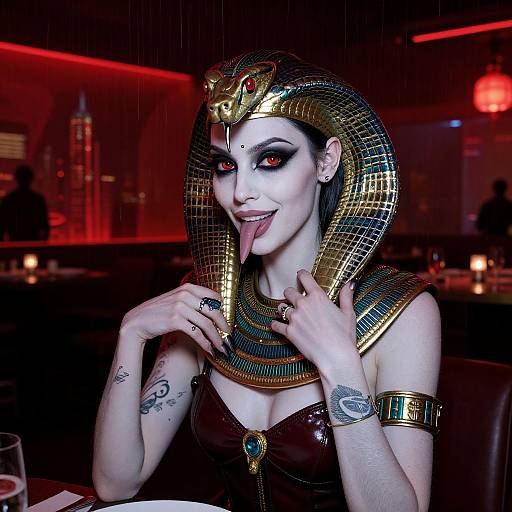 Photorealistic digital art: pale-skinned woman with black eyeliner, red eyes, gold Nemes headpiece, tongue out, dark leather top