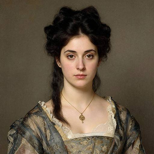 Digital portrait of a pale-skinned woman with dark, wavy hair, wearing an ornate, lace-trimmed dress and gold necklace, against