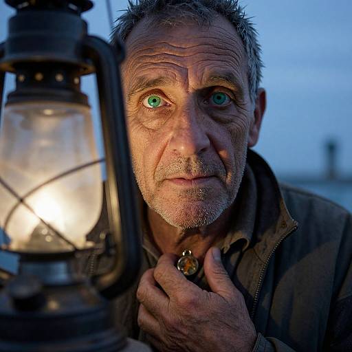 Photograph of an elderly man with weathered face, green eyes, and grey hair, holding a lit lantern, illuminated against a blue twilight background.
