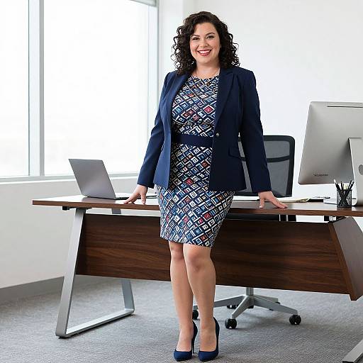 Photograph of a confident, curly-haired woman in a patterned dress and navy blazer, standing in a modern office with a wooden desk, laptop