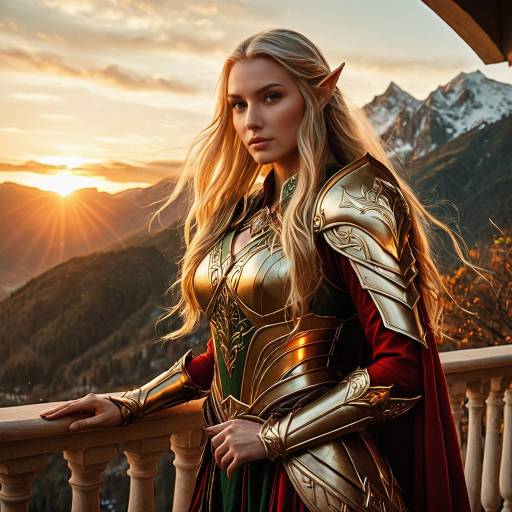 Fantasy Elf Woman in Golden Armor at Sunset