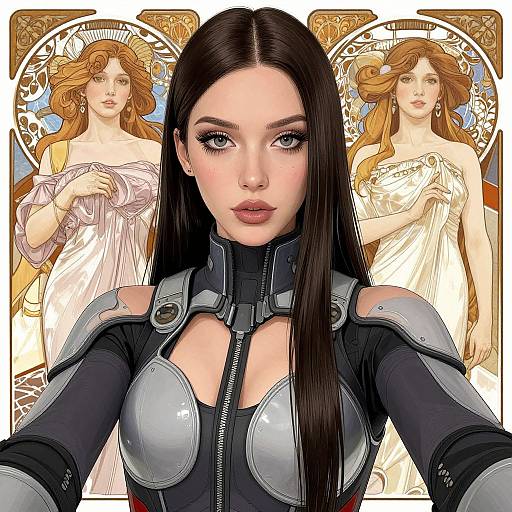 Digital art of a pale-skinned, black-haired woman with blue eyes in metallic armor, framed by two golden-haired, ethereal women in white dresses