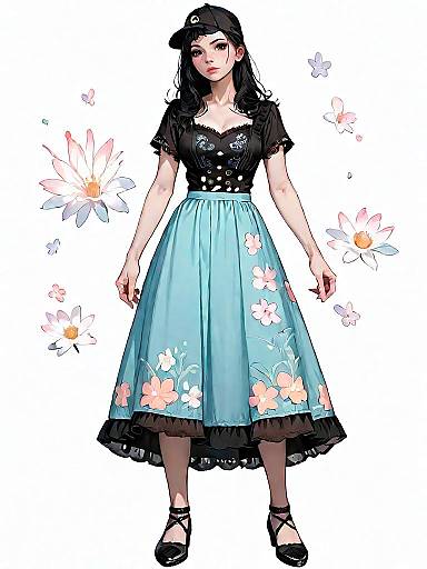 Woman in Romantic Black Lace Dress with Floral Embroidery