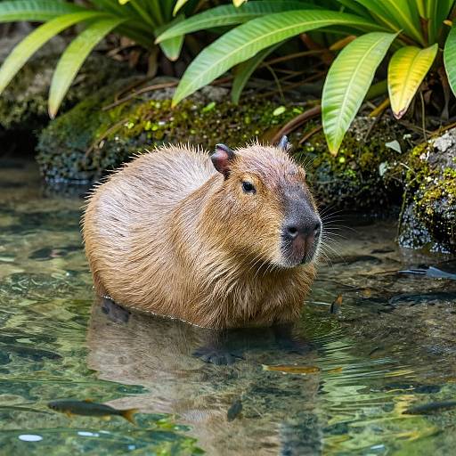 Photograph of a wet, brown beaver with a round body, small ears, and dark nose, standing in a clear, shallow stream surrounded by