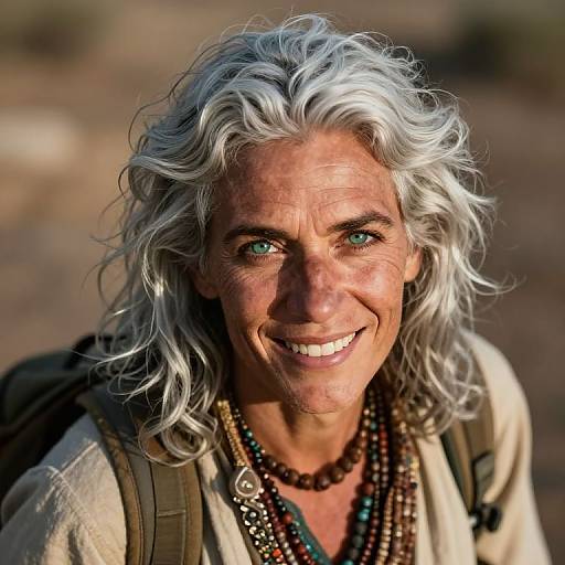 Photograph of a smiling, elderly white woman with wavy, silver hair, blue eyes, wearing layered necklaces and a beige shirt, against a