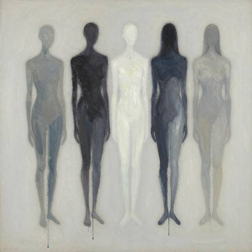 Abstract painting of five shadowy, ethereal human figures in varying shades of blue, black, and white, standing in a row.