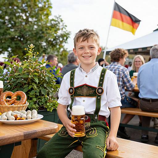 Photograph of a smiling young boy in traditional German attire, holding a beer mug, seated outdoors with a flag and people in background.