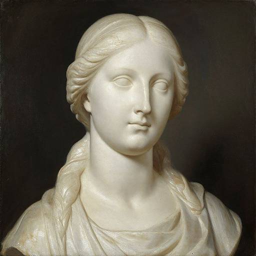 Photograph of a classical white marble bust of a young woman with smooth, flowing hair, and serene expression, draped in a softly textured garment, set