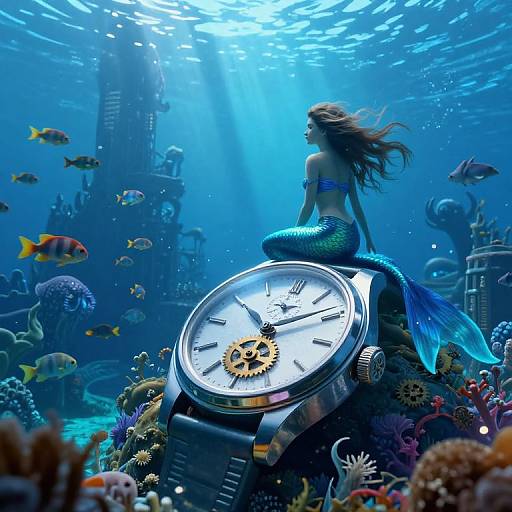 Photograph of a mermaid with blue-green scales sitting on a giant clock in a vibrant underwater city, surrounded by colorful fish and coral.