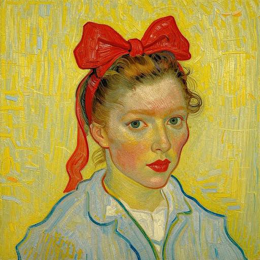 Vincent van Gogh-style digital painting of a young woman with fair skin, red bow, red lipstick, blue shirt, yellow textured background.