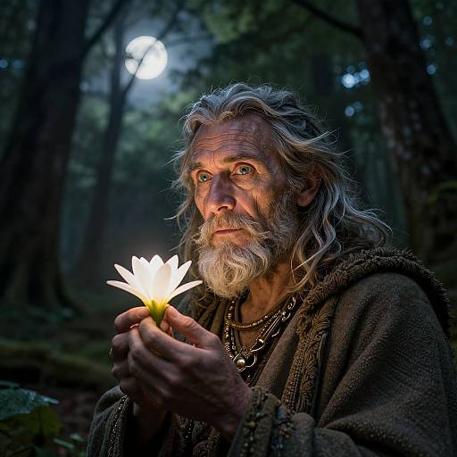 Photograph of an elderly, bearded man with long gray hair, holding a glowing flower in a moonlit forest, wearing a brown, textured cloak