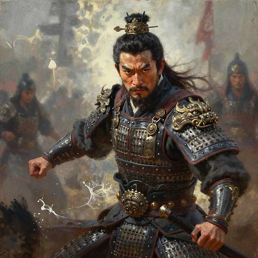 Digital painting of fierce samurai warrior with intense expression, black hair in topknot, wearing detailed metal armor, surrounded by misty, blurred background