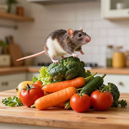 Photograph of a black and white mouse standing on a pile of broccoli, carrots, tomatoes, and cucumbers on a wooden kitchen counter.