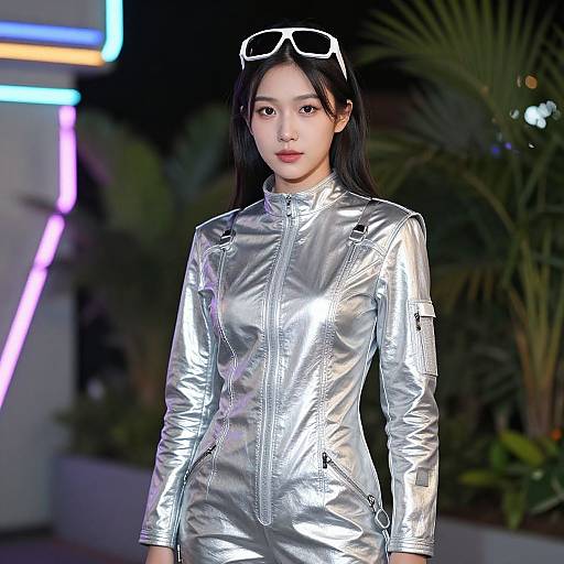 Photograph of an Asian woman with long black hair, wearing a shiny silver zip-up jumpsuit, white sunglasses on her head, standing outdoors at night