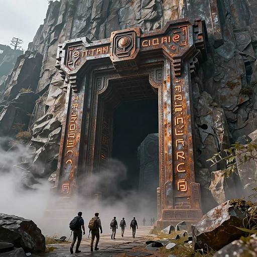 Photorealistic CGI of a massive, ancient, rusted stone gateway with glowing runes, set against towering rocky cliffs, with mist and small figures walking