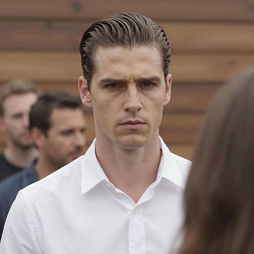 Serious Man with Slicked-Back Hair in White Shirt