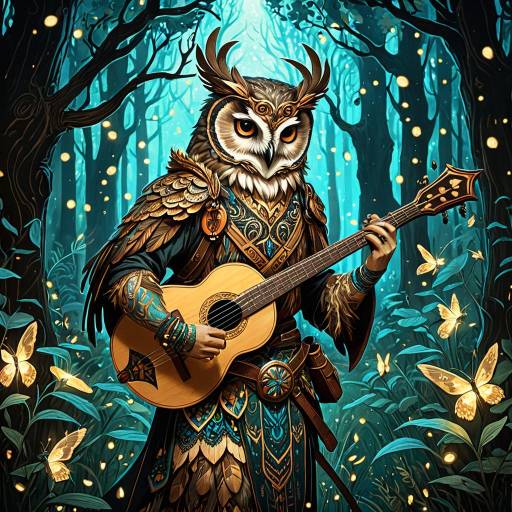 Ethereal Owl Faun Bard in Enchanted Forest