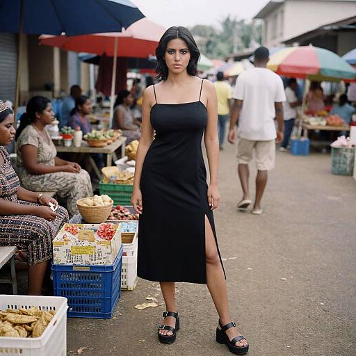 Photograph of a young woman with dark hair in a black, sleeveless, thigh-slitted dress, black sandals, standing in a bustling outdoor market