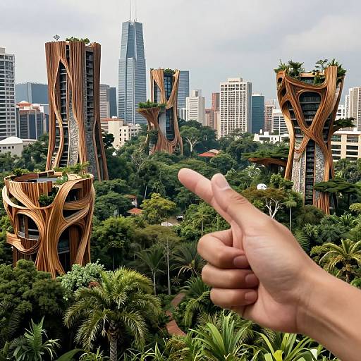 Photograph of a hand pointing at futuristic, wooden-clad skyscrapers amidst lush greenery and modern high-rises in a cityscape.