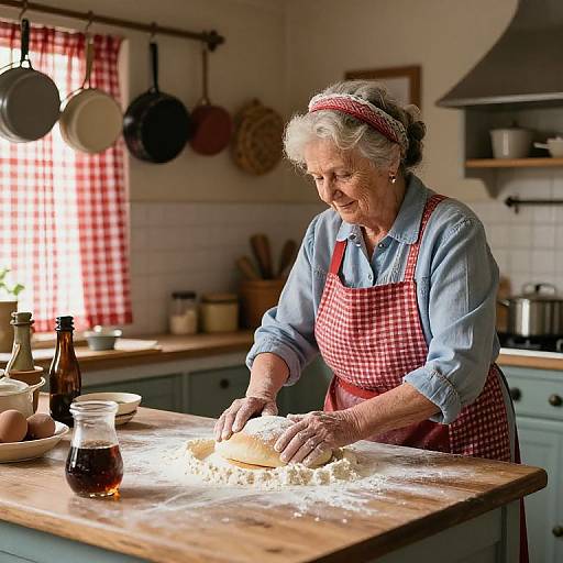 Photograph of an elderly white woman with gray hair, wearing a red checkered apron and blue shirt, kneading dough on a wooden kitchen island