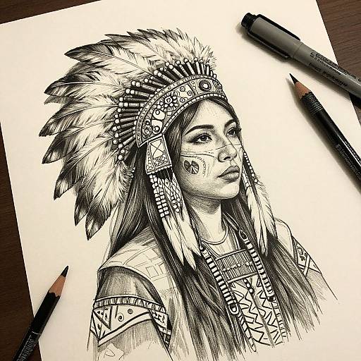 Intricate black-and-white ink drawing of a Native American woman with a feathered headdress, detailed facial markings, and tribal jewelry, surrounded by