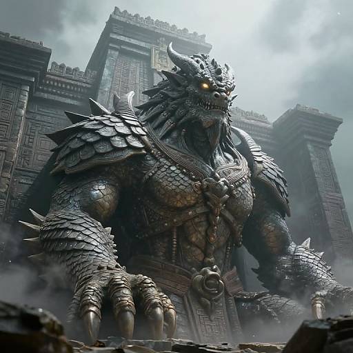 CGI image of a muscular, armored dragon-like creature with glowing eyes standing before a massive, ancient stone temple in a misty, cloudy sky.