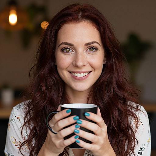 Photograph of a smiling woman with long, wavy brown hair, holding a black coffee mug, wearing a white floral shirt, with teal nail polish