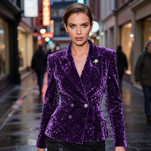 Photograph of a confident woman with dark hair in an urban alley, wearing a vibrant purple velvet blazer, standing out against neon-lit storefronts