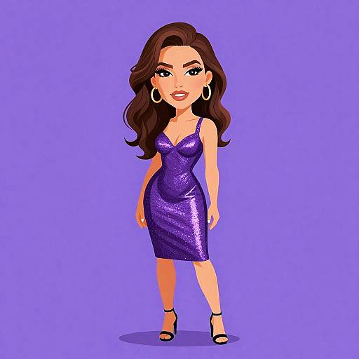 Digital illustration of a confident woman with long brown hair, wearing a sparkly purple dress, black heels, and hoop earrings, standing against a solid purple