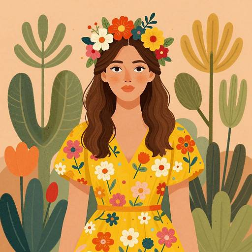 Digital illustration of a young woman with long brown hair, wearing a yellow floral dress and flower crown, standing in a cactus-filled desert landscape.