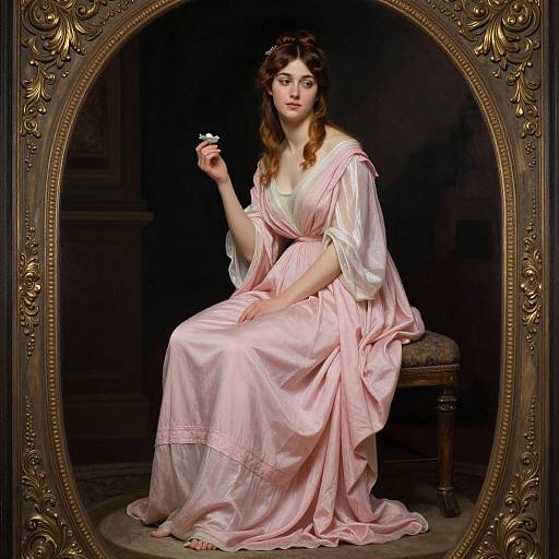 Photograph of a fair-skinned woman with wavy brown hair, in a pink satin Greco-Roman dress, sitting and holding a flower,
