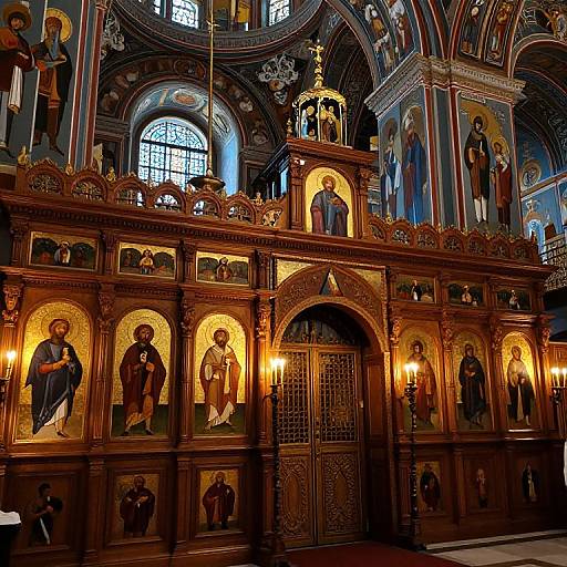 Photograph of an ornate, wooden church altar with detailed, gold-leafed icon paintings of saints, illuminated by warm lights, and intricate car