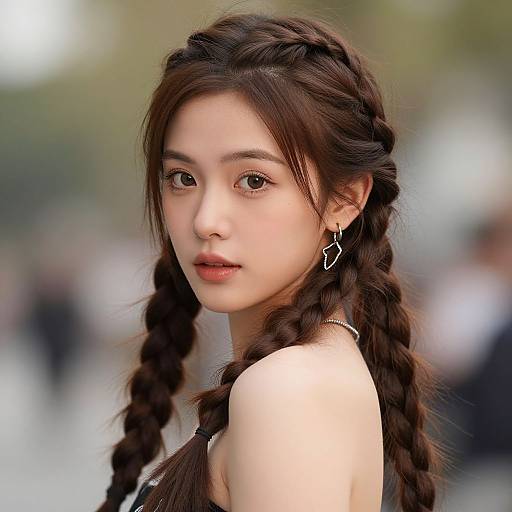 Photograph of a young Asian woman with fair skin, dark brown eyes, and long braided brown hair, wearing a black top, with a blurred