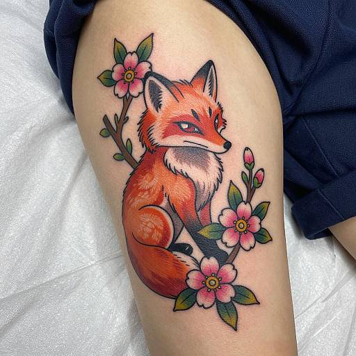 Traditional Fox Tattoo with Floral Accents