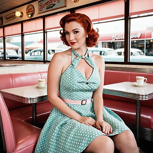 Retro 1950s Woman in Polka Dot Dress at Diner Booth