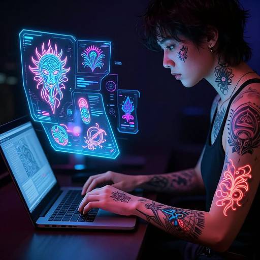 Tattooed woman with short dark hair, neon blue and pink digital tattoos on screen, typing on laptop in dark room. Photorealistic digital