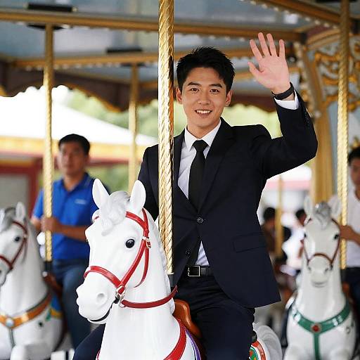 Cheerful Carousel Scene with Man and Horse