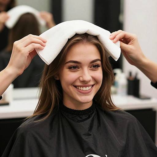 Smiling Woman in Salon with Paper Towel