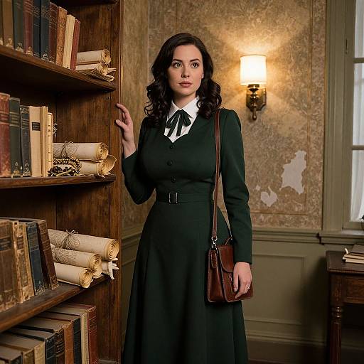 Woman Archivist Standing by Bookshelf in Vintage Library