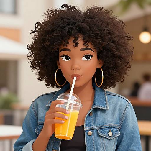 Digital illustration of a curly-haired, dark-skinned woman with large hoop earrings, wearing a denim jacket, sipping an orange smoothie with a straw