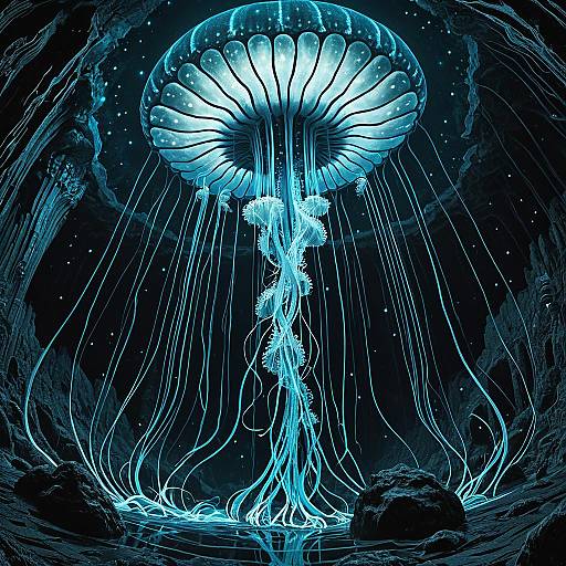 Ethereal Bioluminescent Jellyfish in Abyssal Cave