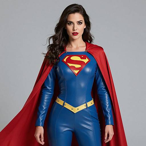 Photograph of a brunette woman in a blue Supergirl costume with red cape, yellow belt, and prominent red Superman logo.