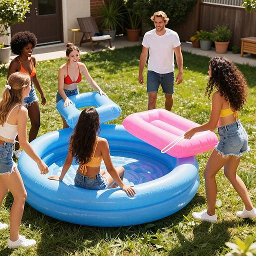 Photograph of five diverse friends, three women and two men, playing with inflatable pool toys in a sunny backyard.