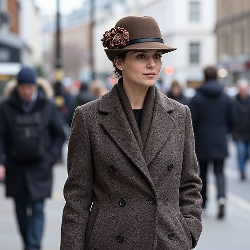 Photograph of a stylish woman in a brown tweed double-breasted coat and matching hat with a pinecone decoration, standing in a blurred urban street