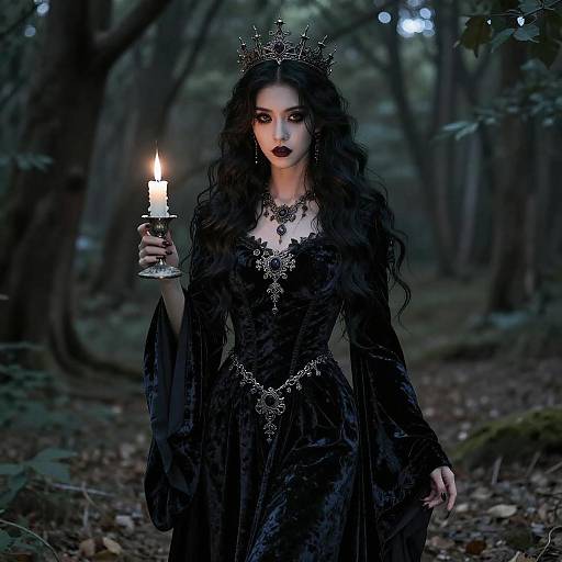 Gothic Sorceress in Forest with Candle