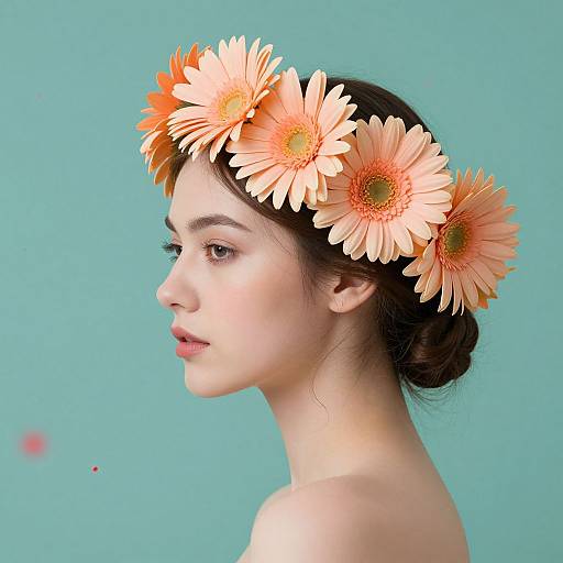 Photograph of a fair-skinned woman with dark hair in a bun, wearing a crown of orange and peach gerbera daisies, against