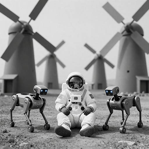 Astronaut and K-9 Robots in Monochrome
