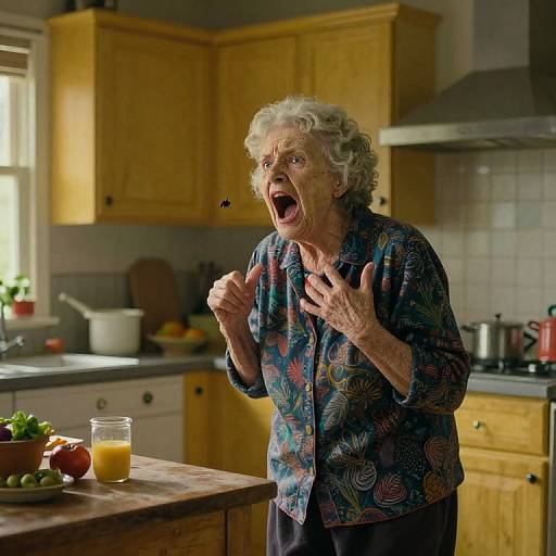 Photograph of an elderly woman with curly white hair, wearing a colorful floral shirt, shouting in a sunlit kitchen, with a glass of orange juice